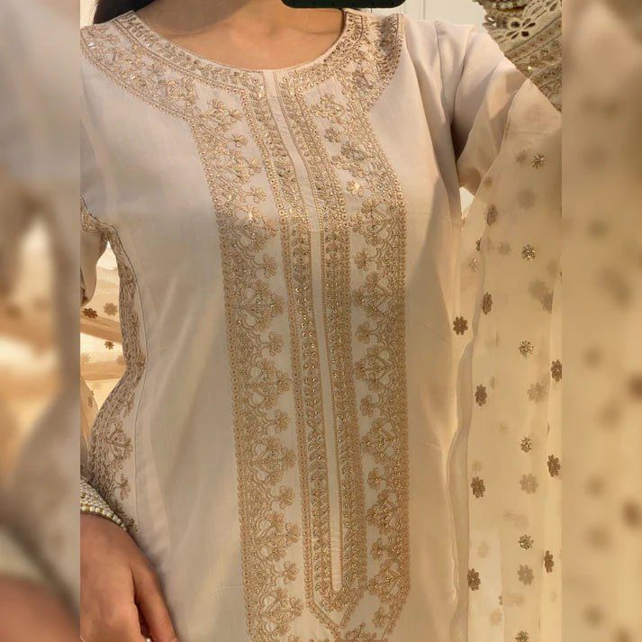 Alluring ROMAN SILK Cream Color Salwar Suit