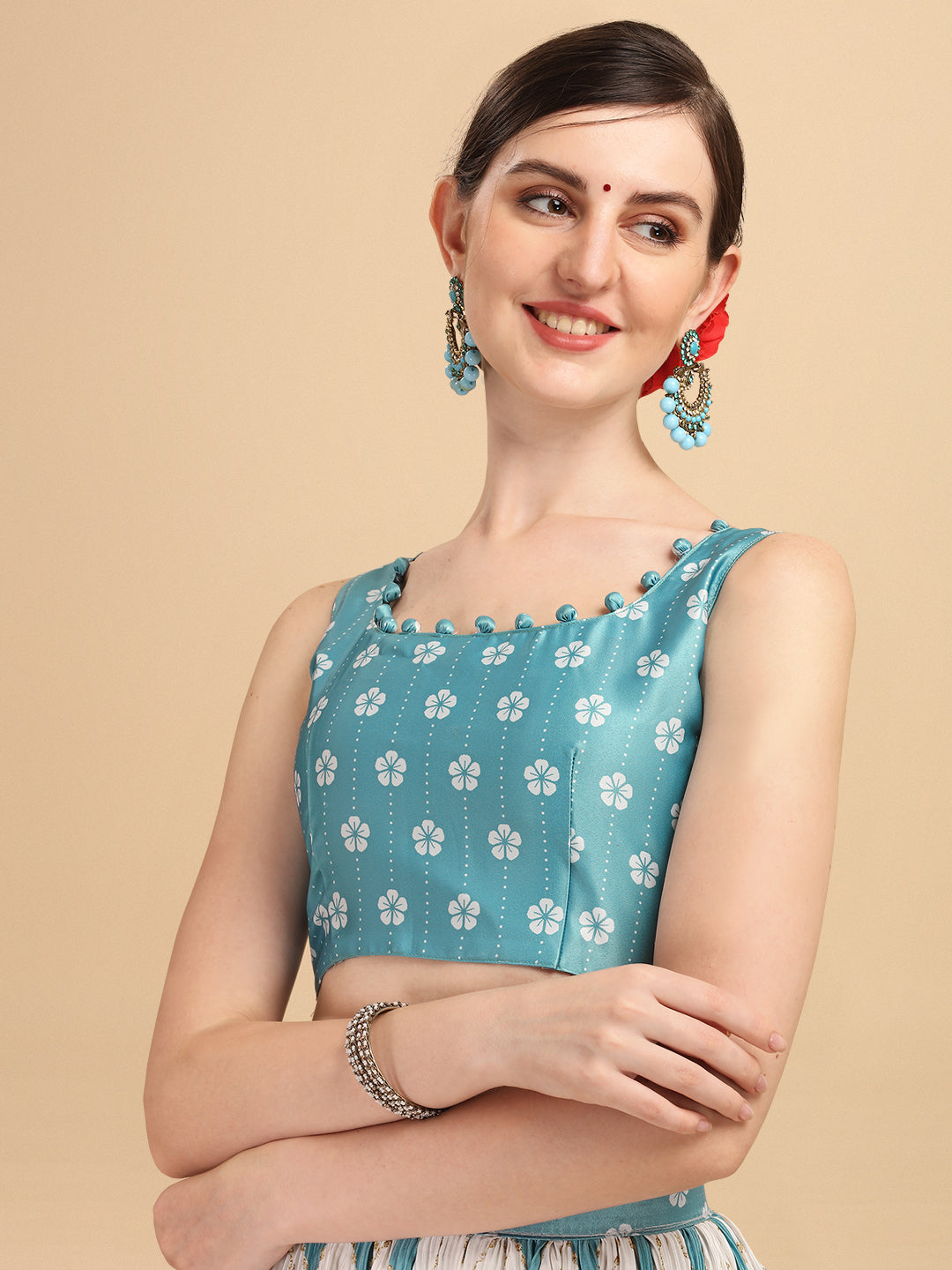 Digital Printed Sky Blue Color Crushed Lehenga Choli