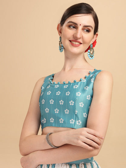 Digital Printed Sky Blue Color Crushed Lehenga Choli