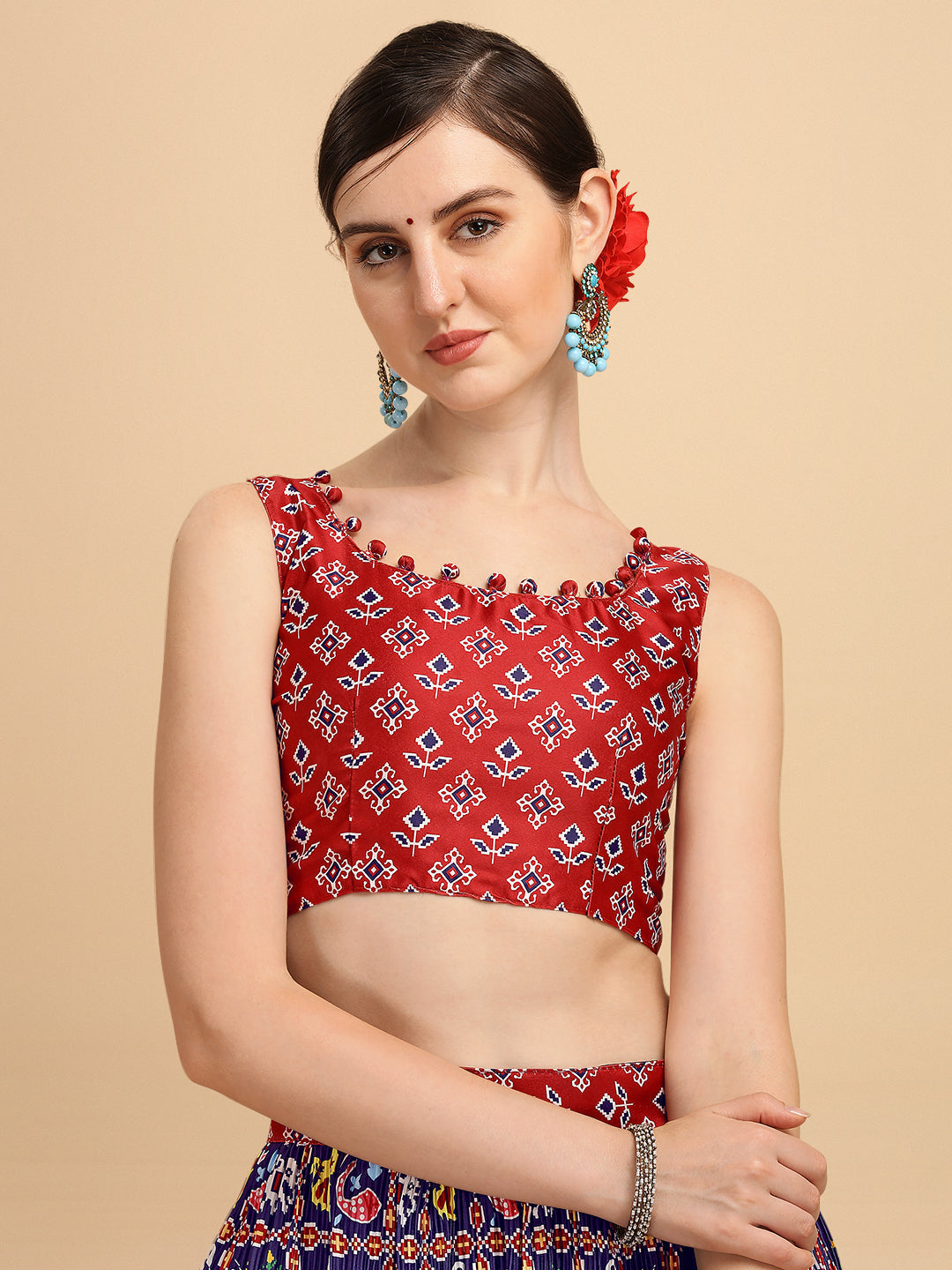 Digital Printed Awesome Navy Blue & Red Color Crushed Lehenga Choli