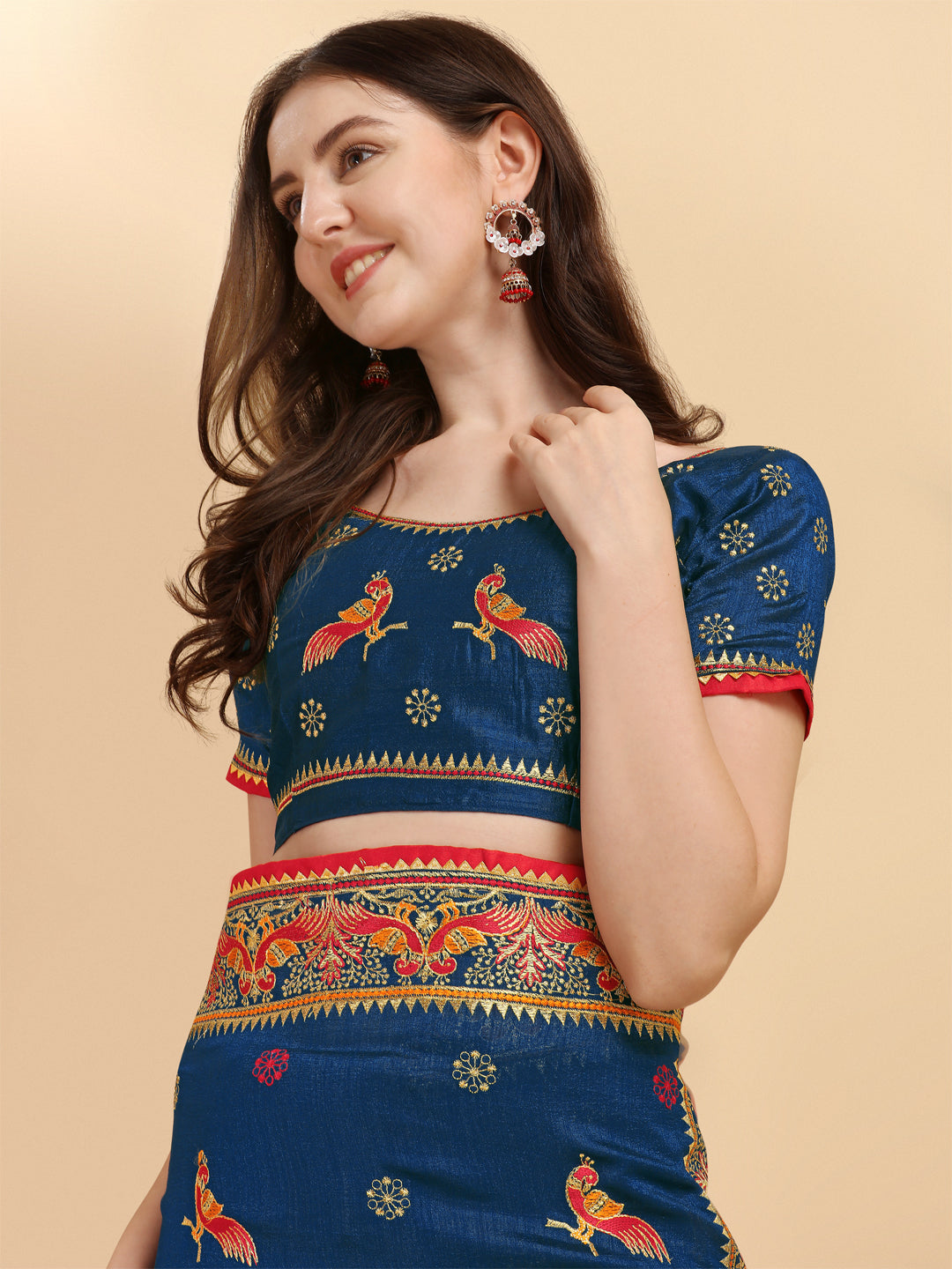 Party Wear Navy Blue Color Embroidered Work Vichitra Silk Saree