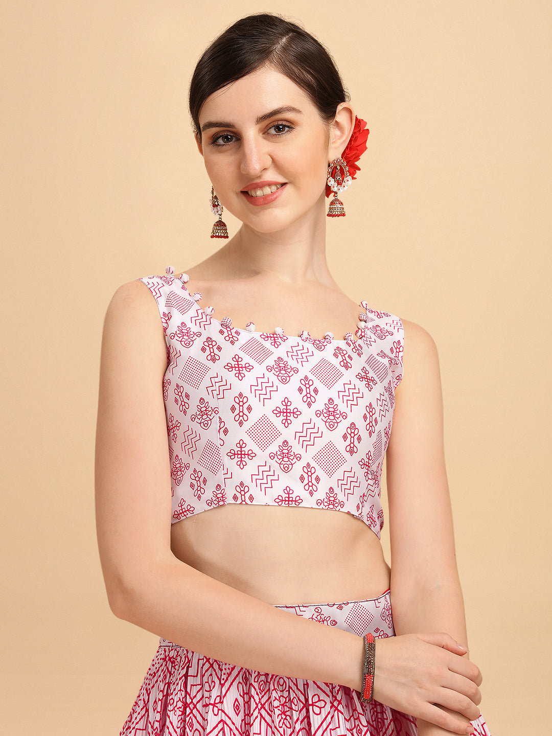 White & Pink Color Digital Printed Crushed Lehenga Choli