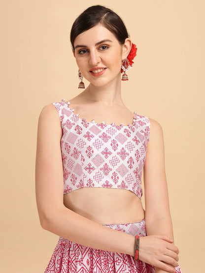 White & Pink Color Digital Printed Crushed Lehenga Choli