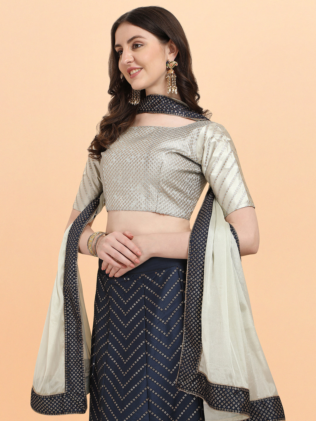 Navy Blue With Beige Color Sequence Work Satin Silk Lehenga Choli