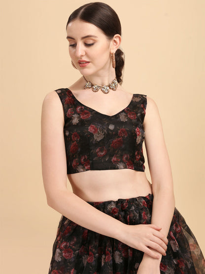 Printed Black Color Beautiful Organza Lehenga Choli