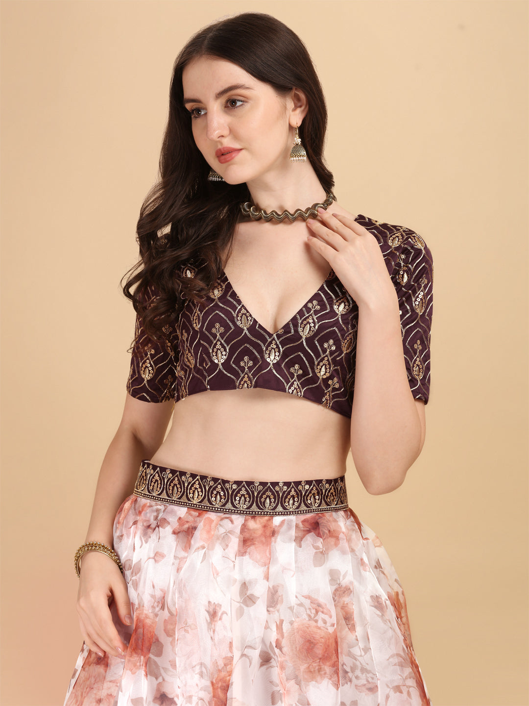 Digital Printed White & Coffee Color Organza Lehenga Choli