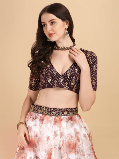 Digital Printed White & Coffee Color Organza Lehenga Choli