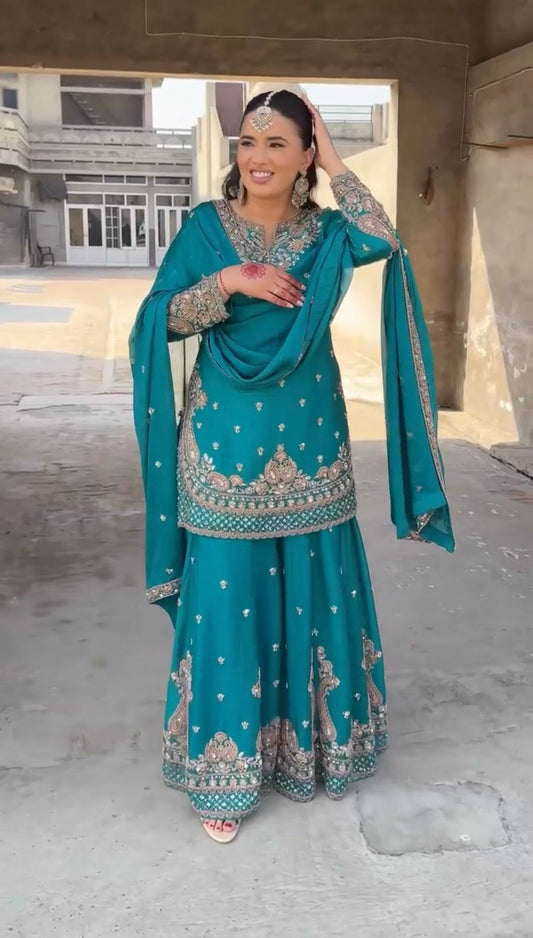 Wonderful Chinon Silk Teal Blue Color Palazzo Suit