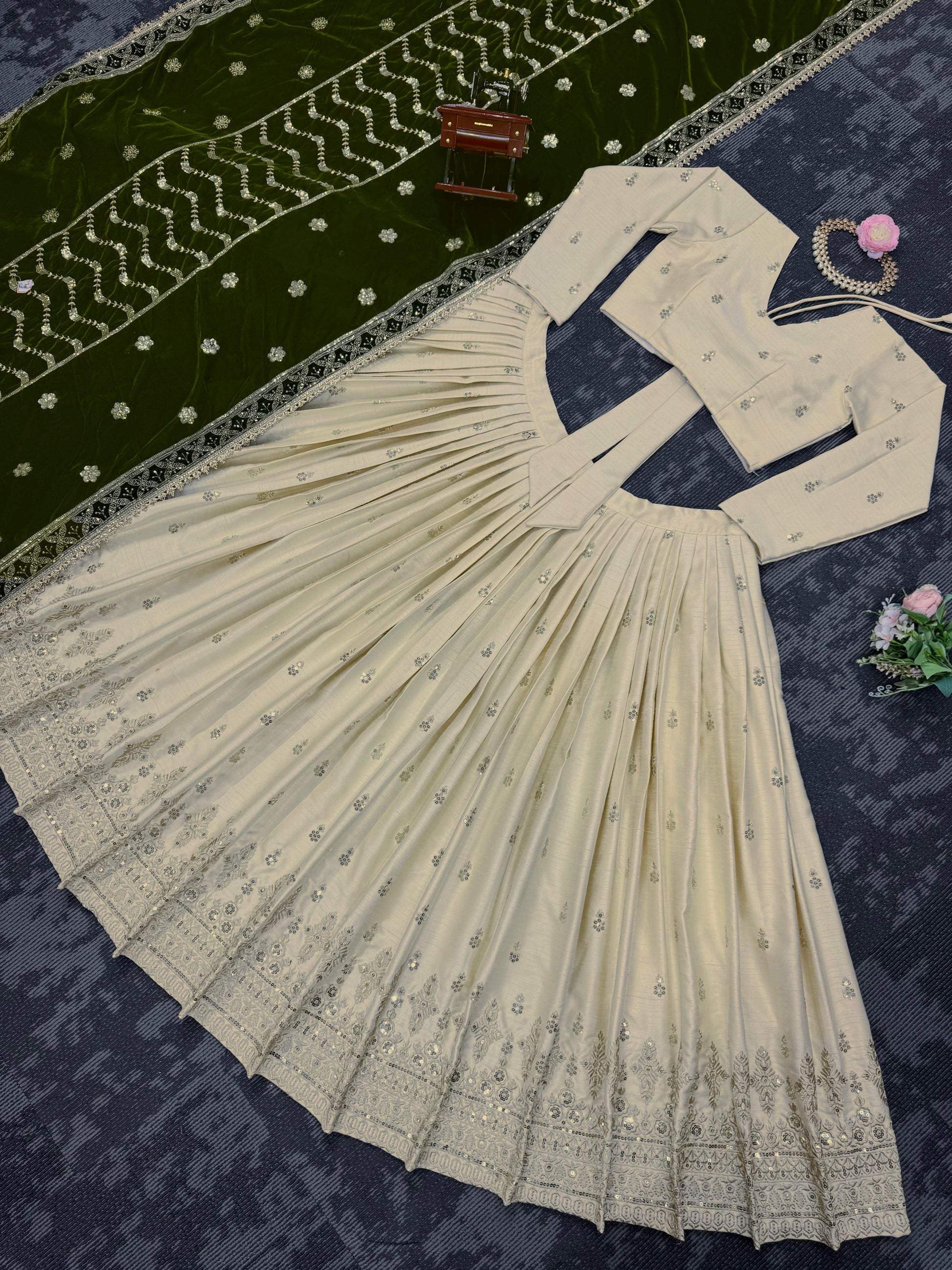 Party Wear Thread With Sequence Work Of White Color Lehenga Choli