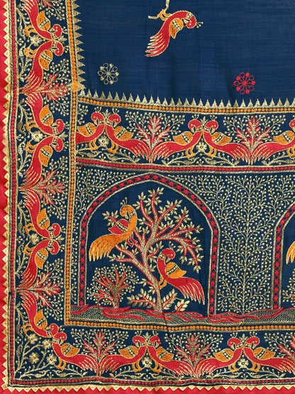 Party Wear Navy Blue Color Embroidered Work Vichitra Silk Saree