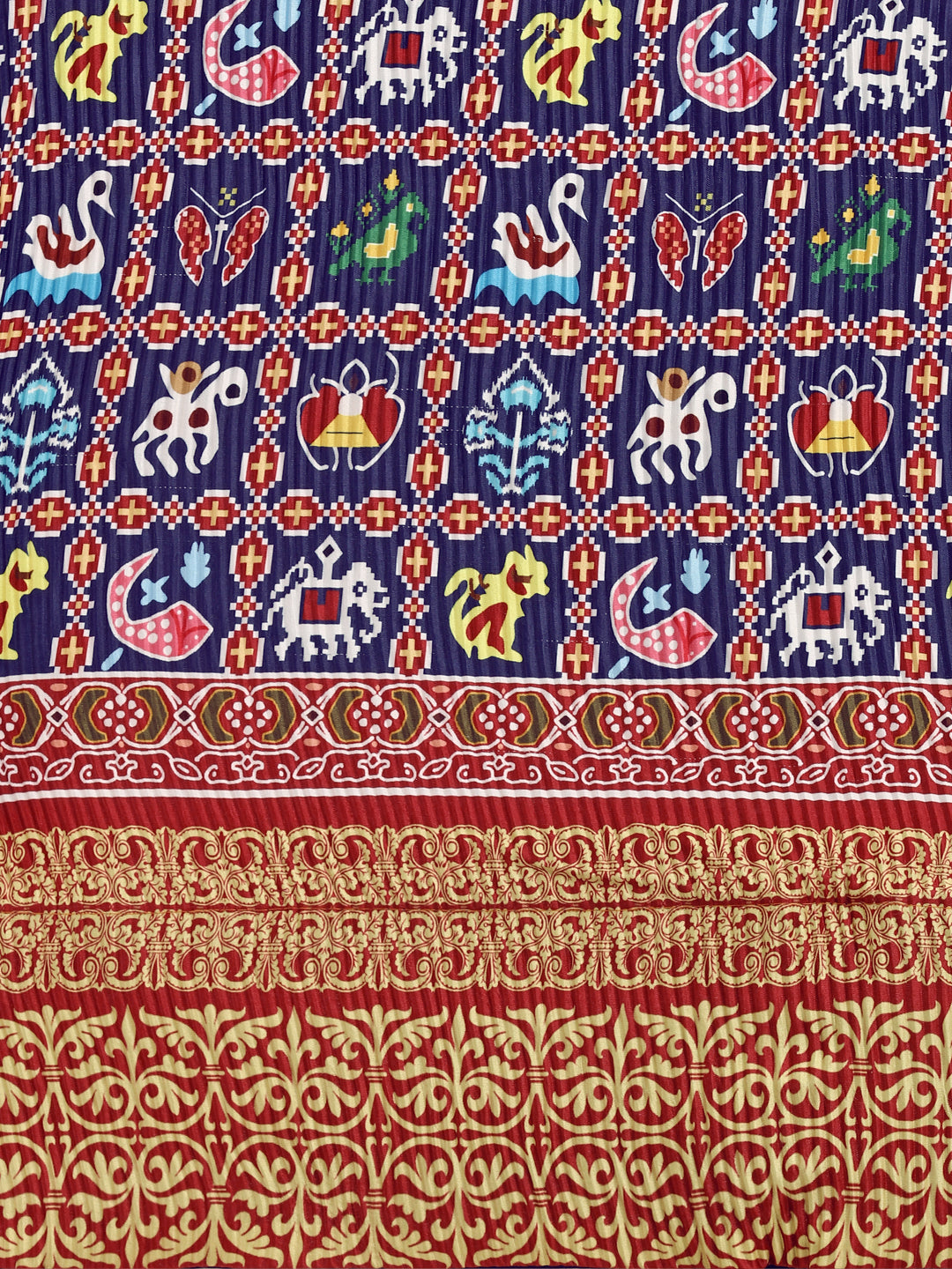 Digital Printed Awesome Navy Blue & Red Color Crushed Lehenga Choli