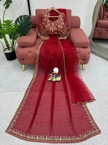 Awesome Heavy Work Red Color Saree