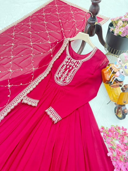 Eyes Catching Georgette Embroidery Work Pink Color Gown