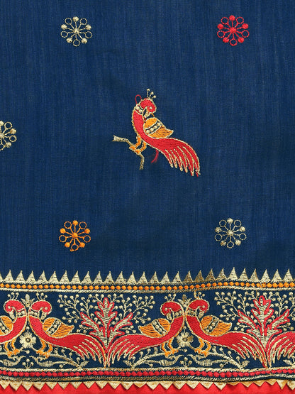 Party Wear Navy Blue Color Embroidered Work Vichitra Silk Saree