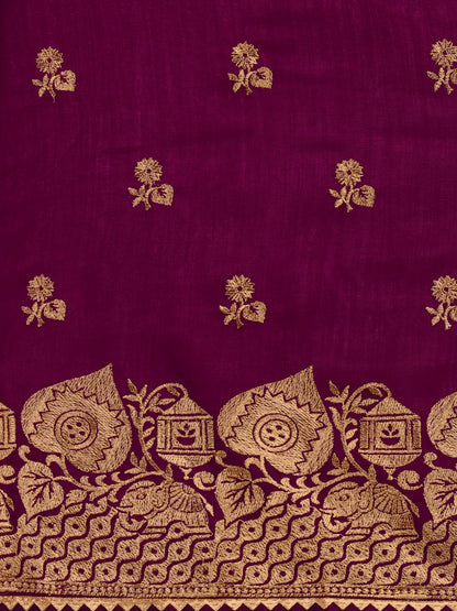Party Wear Purple Color Embroidered Work Vichitra Silk Saree