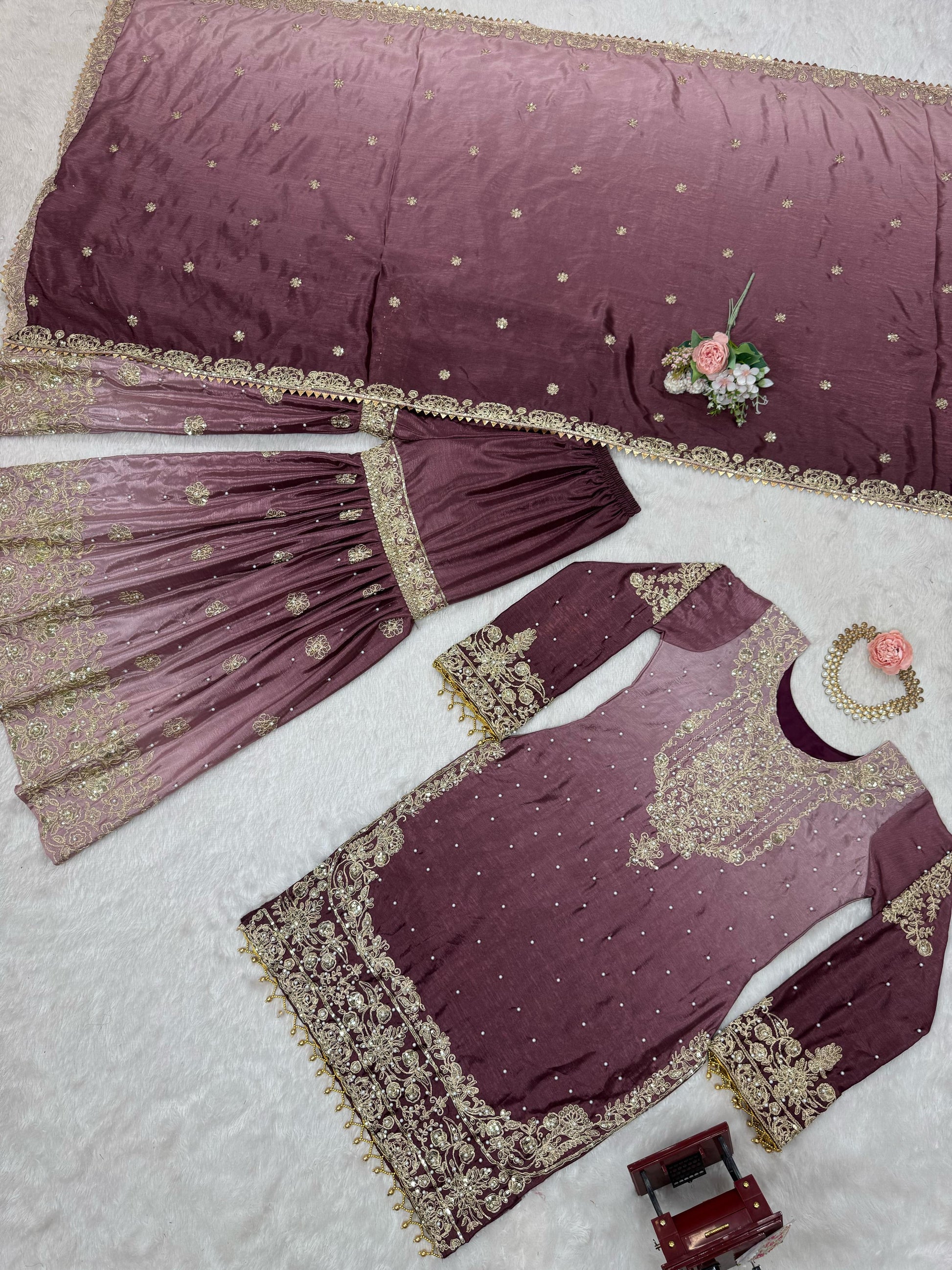 Good Looking Chinon Silk Rivet Moti Onion Color Sharara Suit