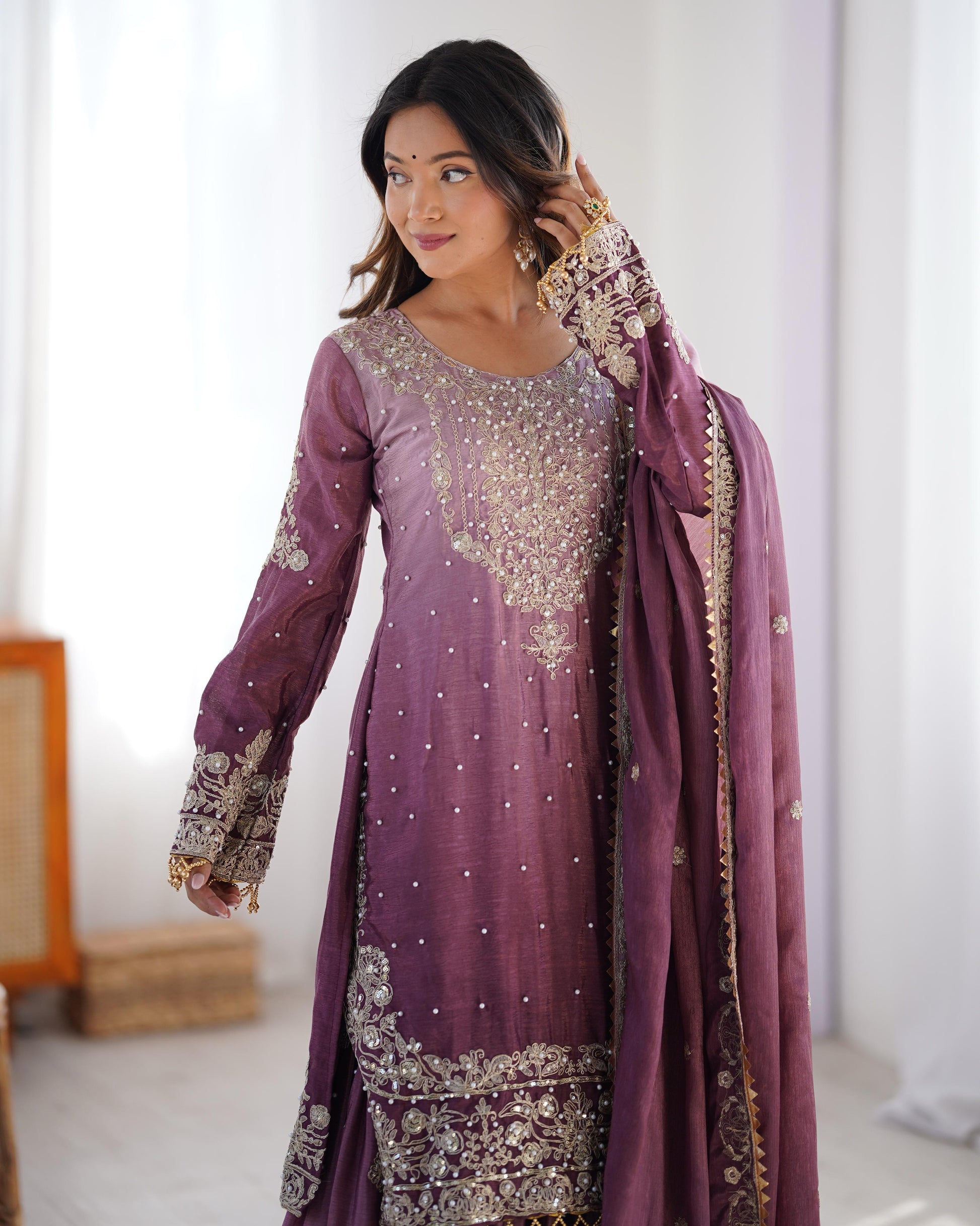 Good Looking Chinon Silk Rivet Moti Onion Color Sharara Suit