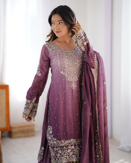 Good Looking Chinon Silk Rivet Moti Onion Color Sharara Suit