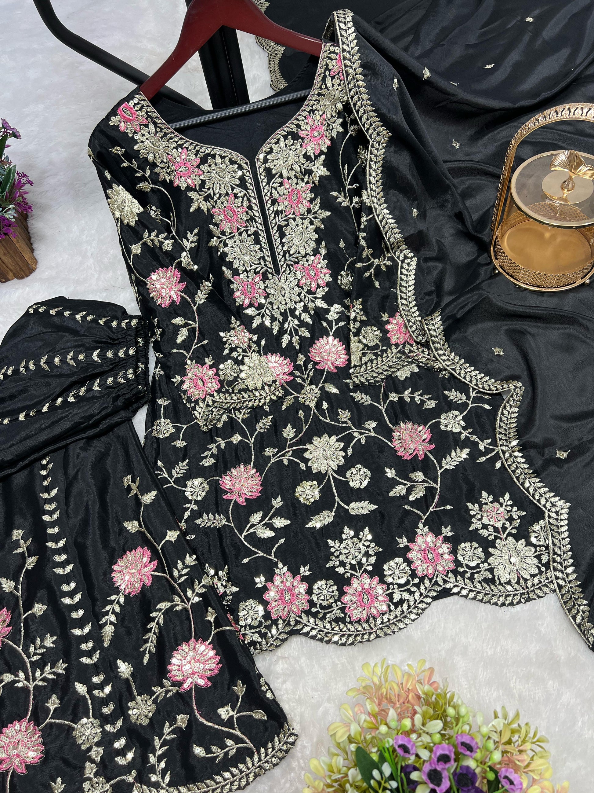 Outstanding Sequence And Thread Work Black Color Sharara Suit
