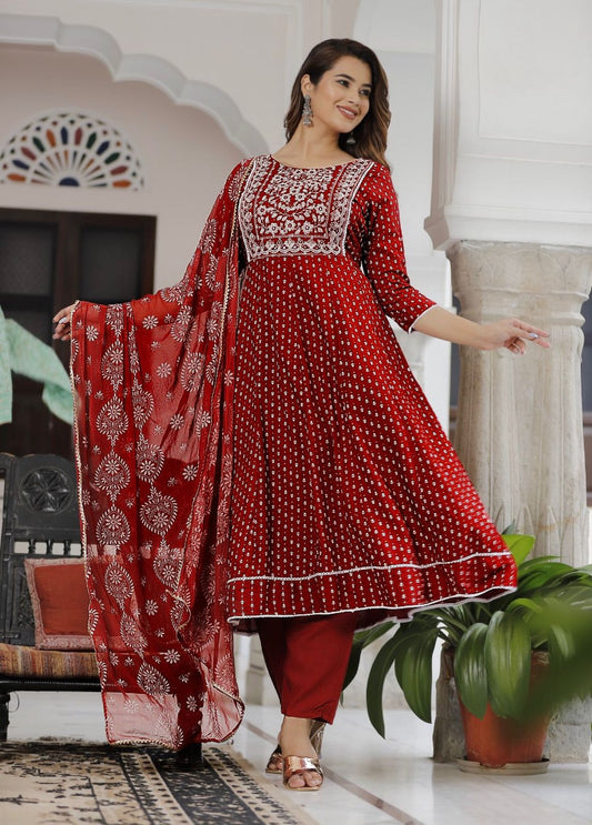 Charming Reyon With Foil Print Maroon Color Anarkali Suit