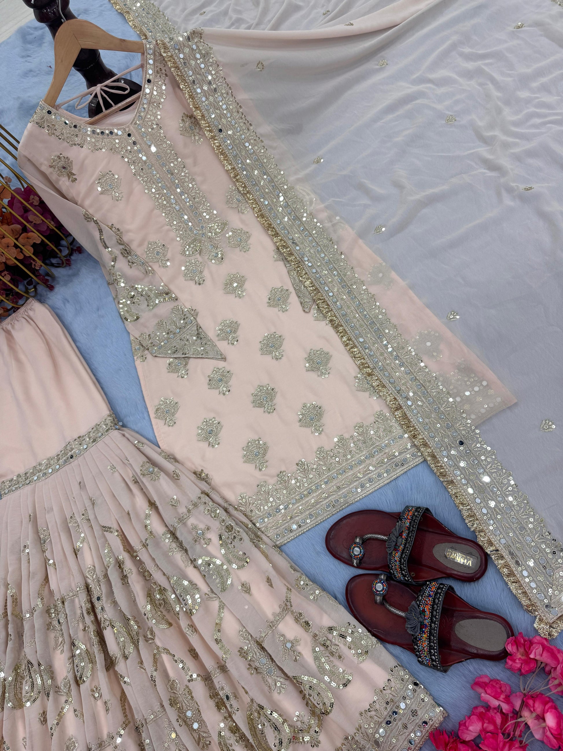 Glossy Georgette 5 MM Sequence Work Peach Color Sharara Suit