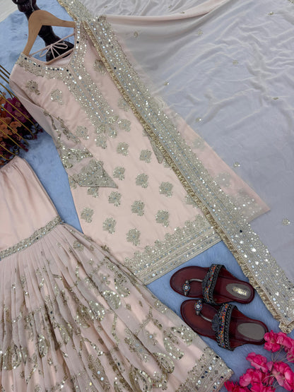 Glossy Georgette 5 MM Sequence Work Peach Color Sharara Suit