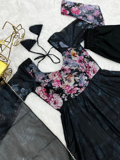 Casual Wear Multi Flower Print Black Color Anarkali Suit