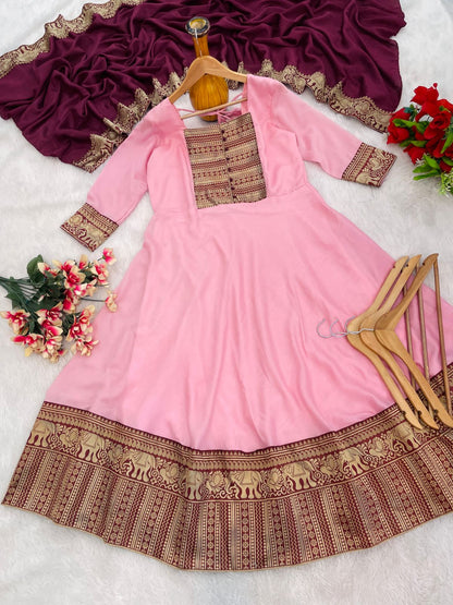 Awesome Zari Weaving Baby Pink Color Gown