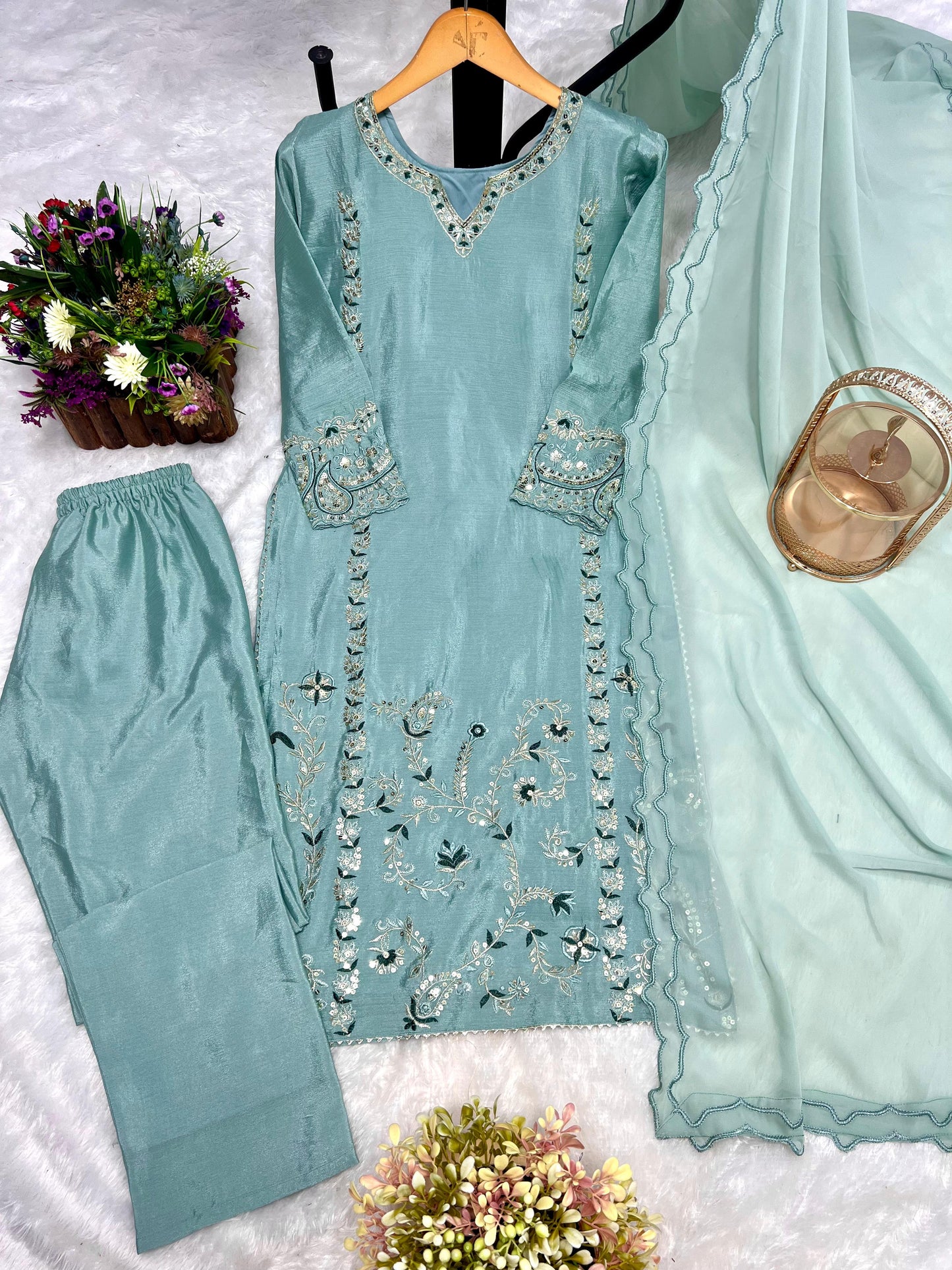 Presenting Thred And Sequence Work Teal Blue Color Salwar suit