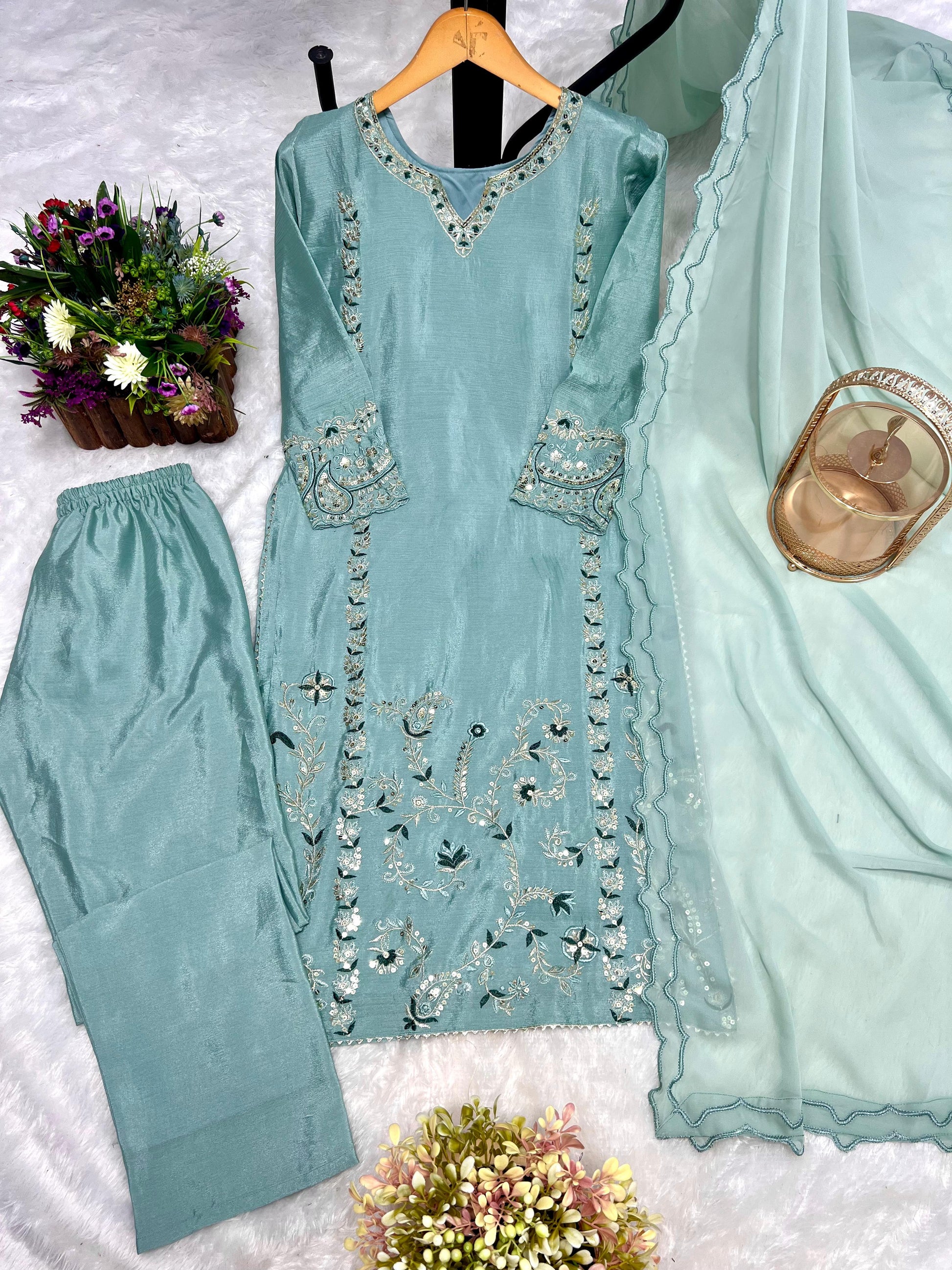 Presenting Thred And Sequence Work Teal Blue Color Salwar suit