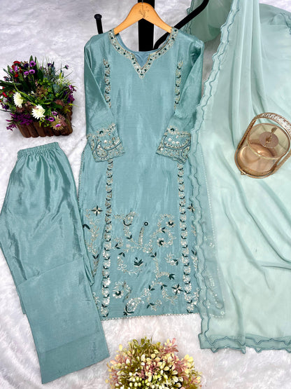 Presenting Thred And Sequence Work Teal Blue Color Salwar suit