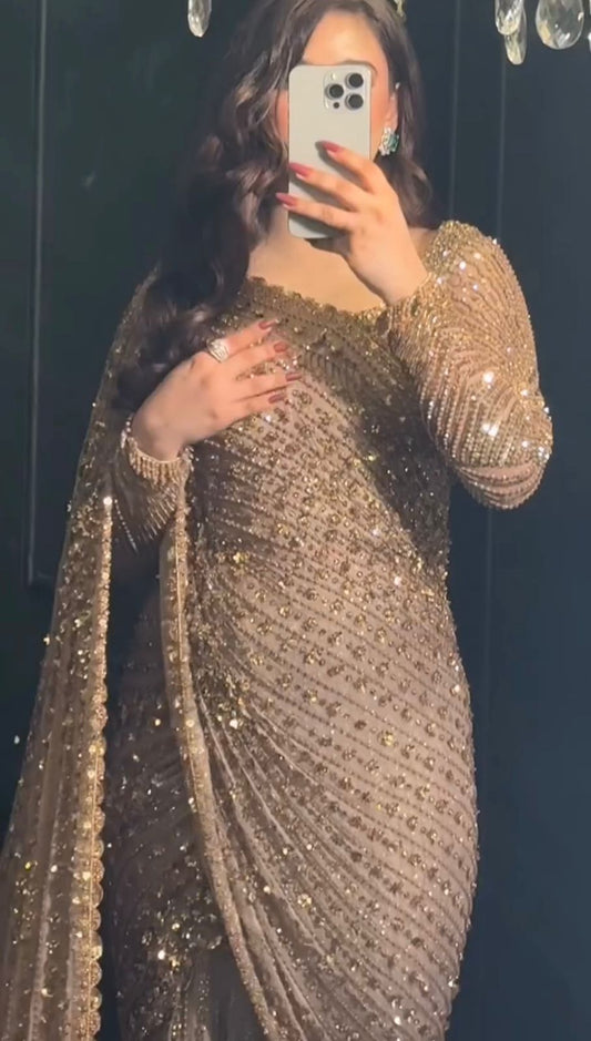 Classic Full Sequence Work Beige Color Saree