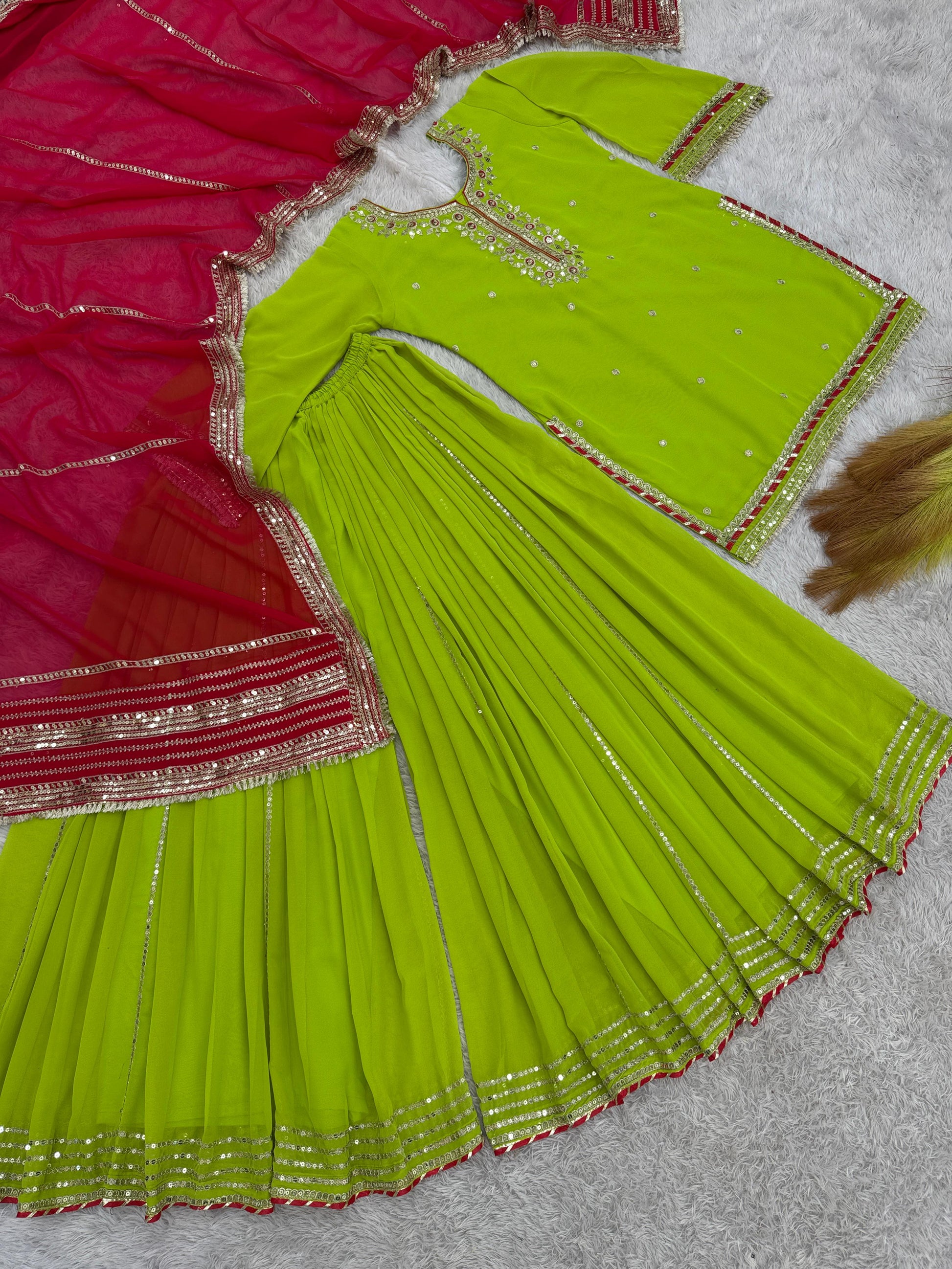 Attractive Embroidery Thread Work Green Color Palazzo Suit