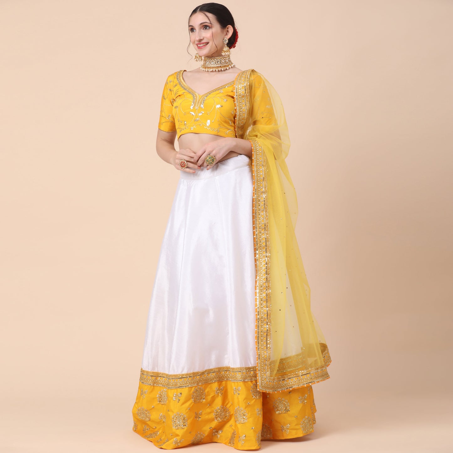 Yellow-White Party Wear Sequins Embroidered Satin Lehenga Choli