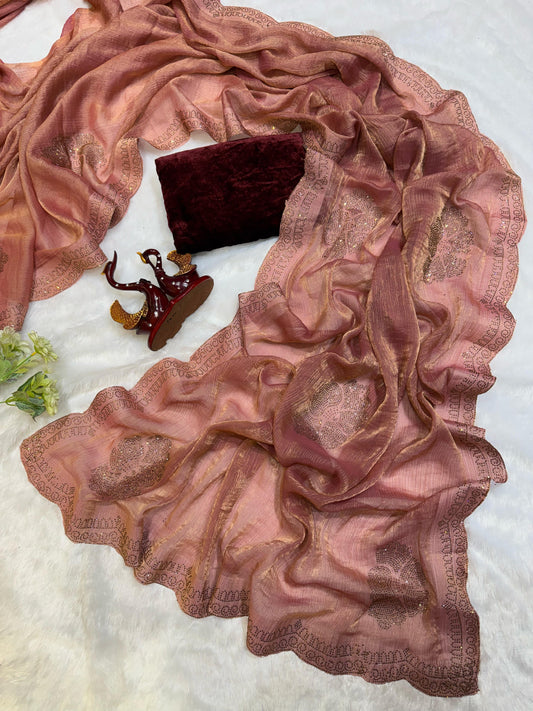 Ravishing Chiffon Silk Diamond Work Peach Color Saree