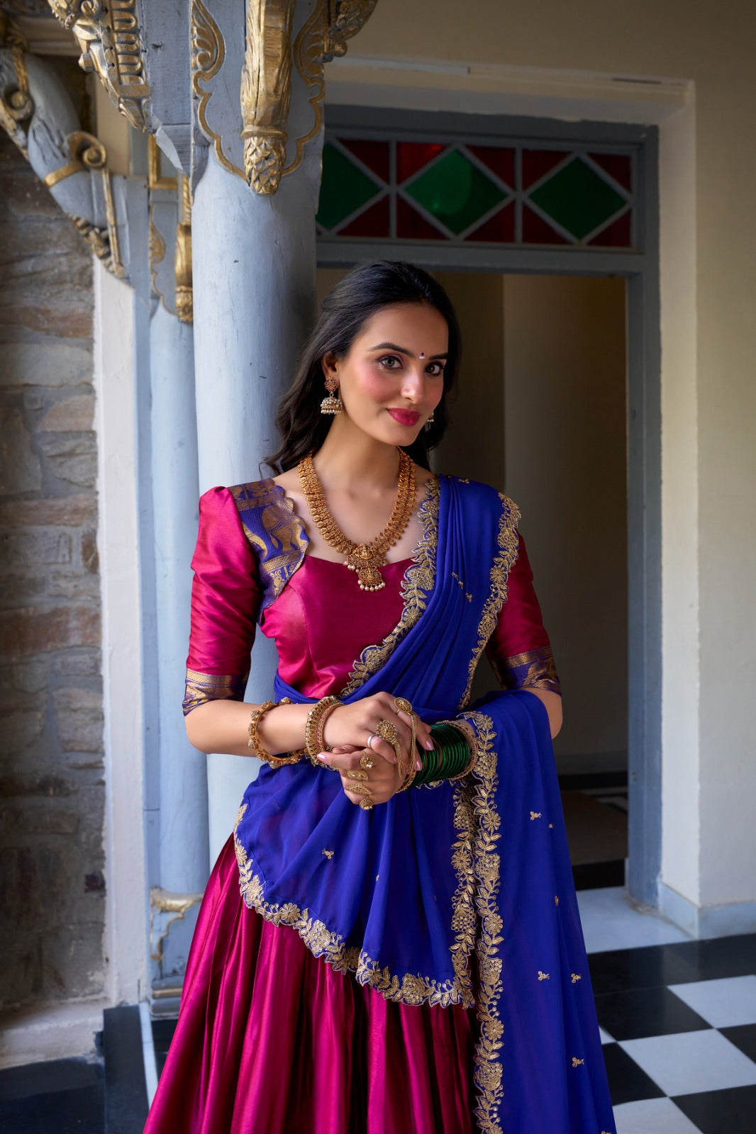 Blissful Zari Weaving Work Pink & Blue Color Lehenga Choli