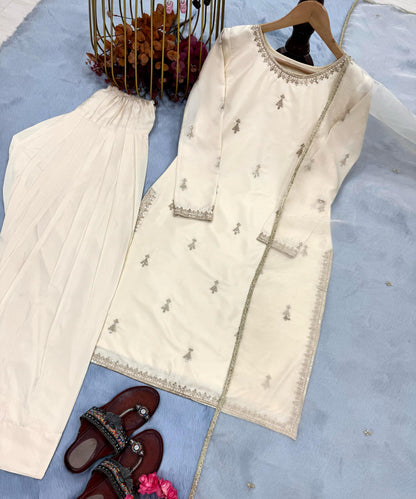 Delightful Embroidery Work Cream Color Palazzo Suit