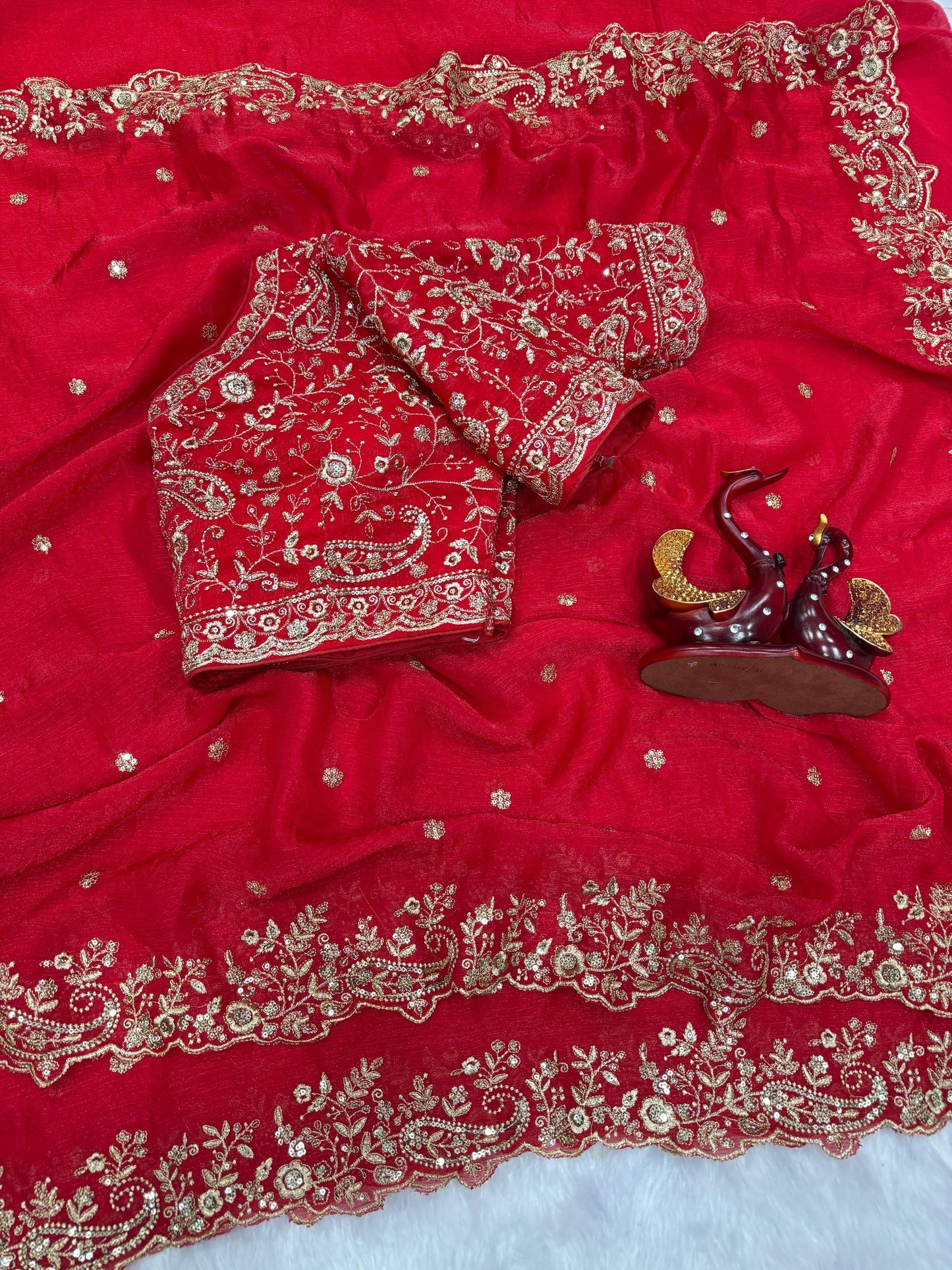 Lovely Red Chiffon Zari Work Saree
