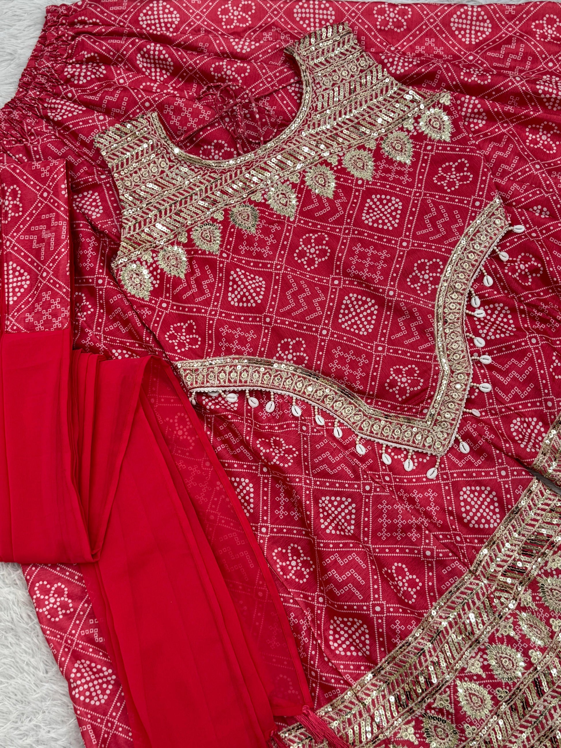 Function Wear Chinon Silk Red Color Sharara Suit