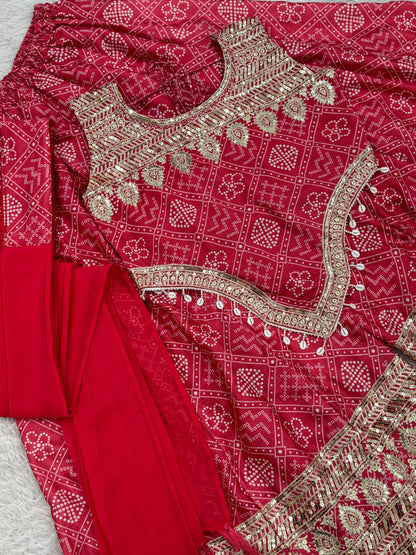 Function Wear Chinon Silk Red Color Sharara Suit