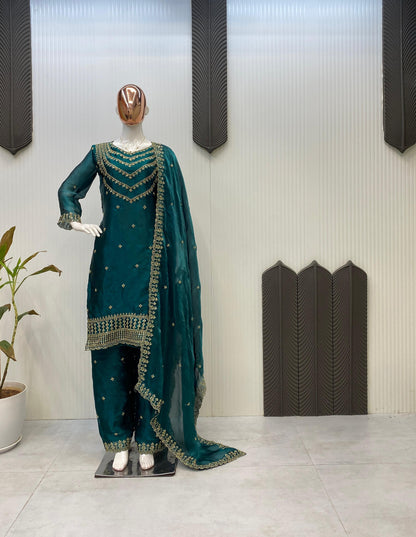 Good Looking Embroidery Work Teal Green Color Palazzo Suit