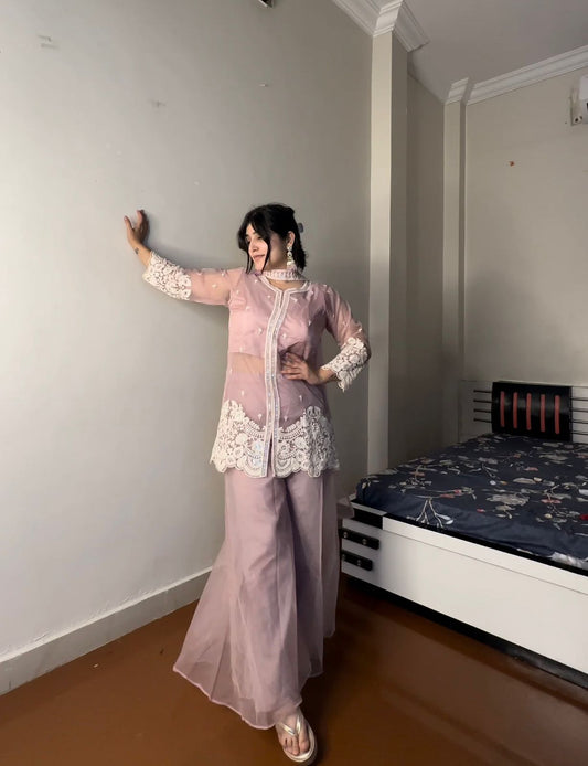 Glimmering Sequence Embroidery Work Pink Color Palazzo Suit