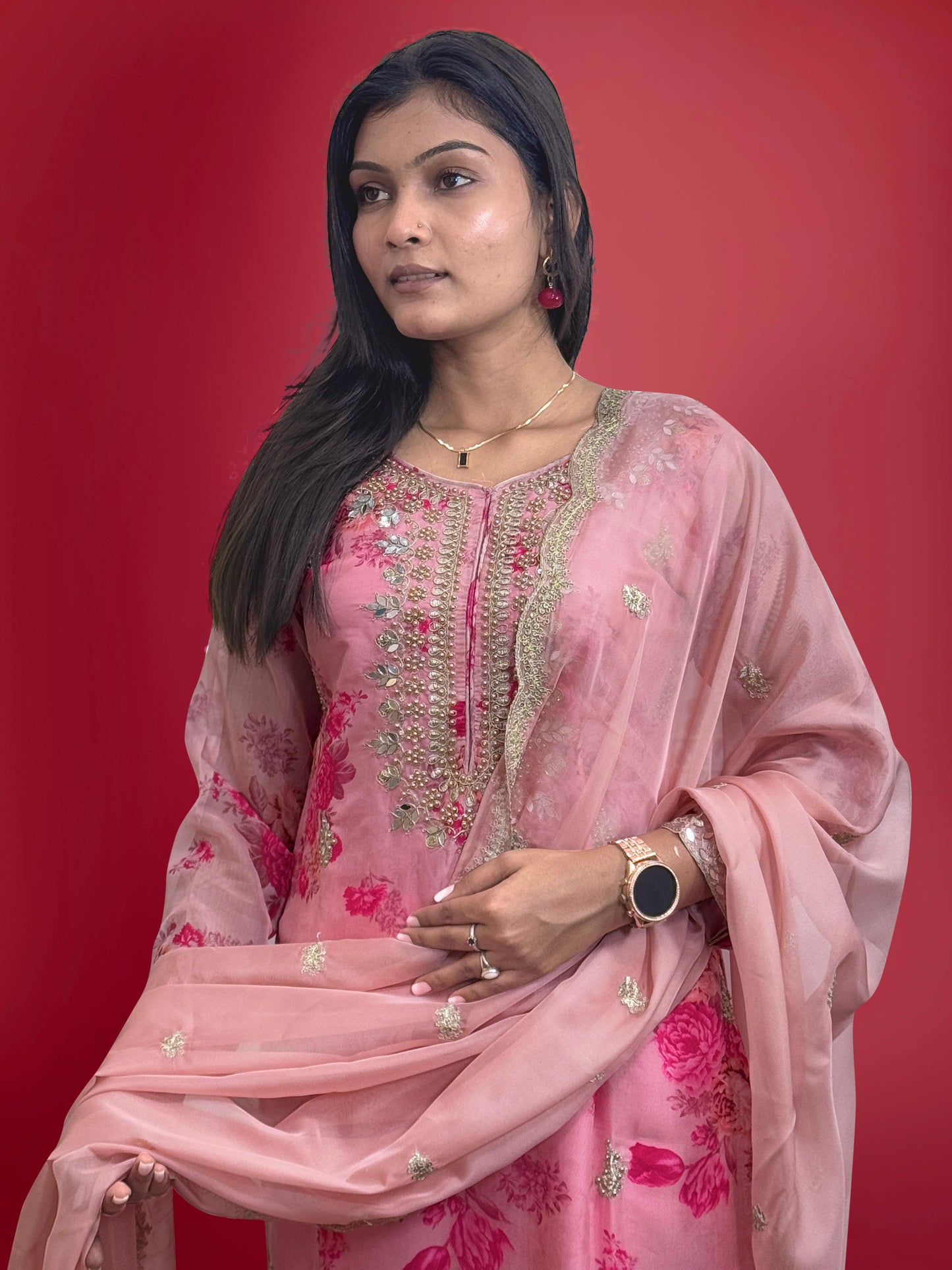 Flattering Sequence Heavy Stone Mirror Hand Work Pink Color Palazzo Suit