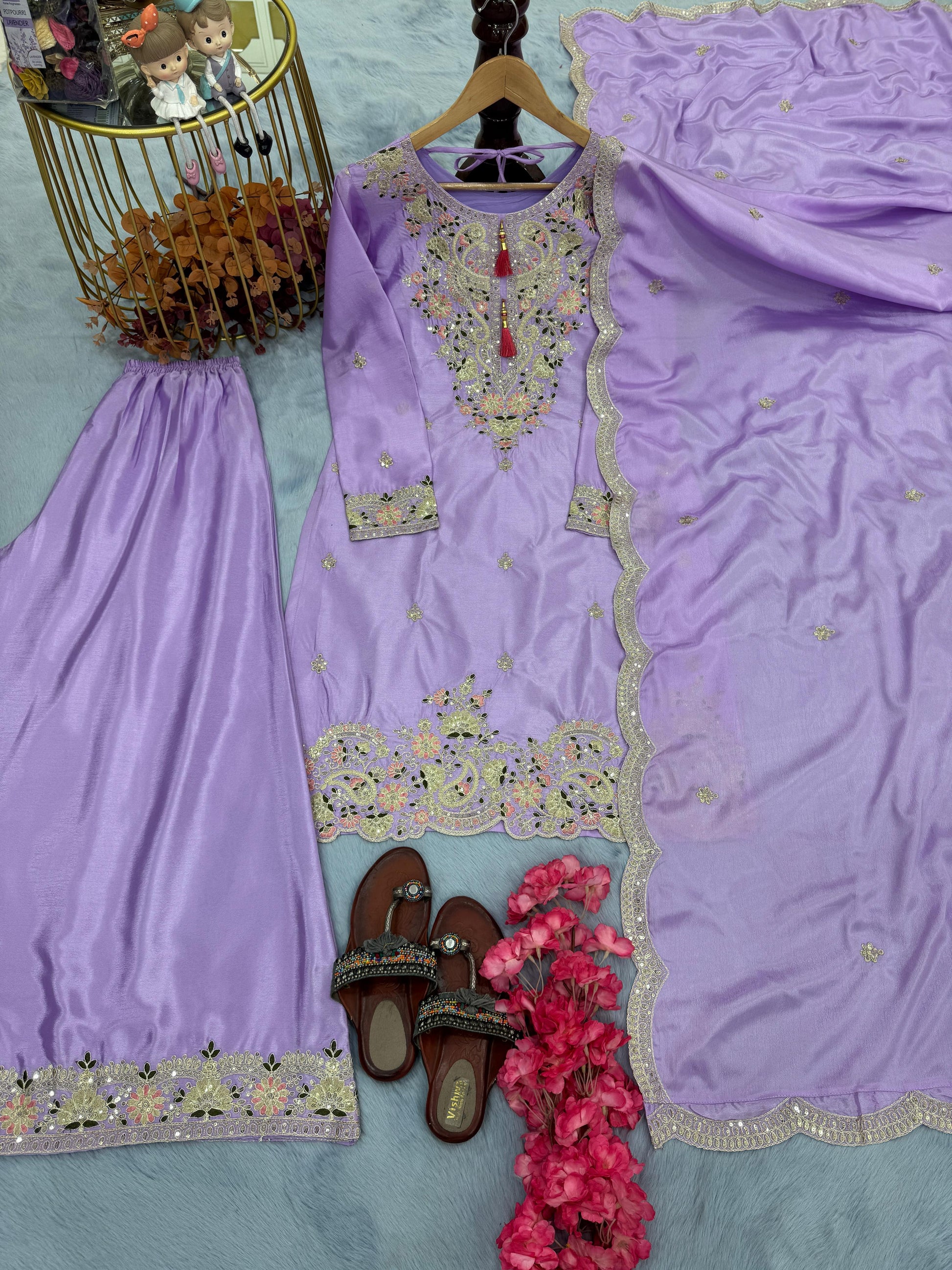 Outstanding Chinon Silk Lavender Color Palazzo Suit