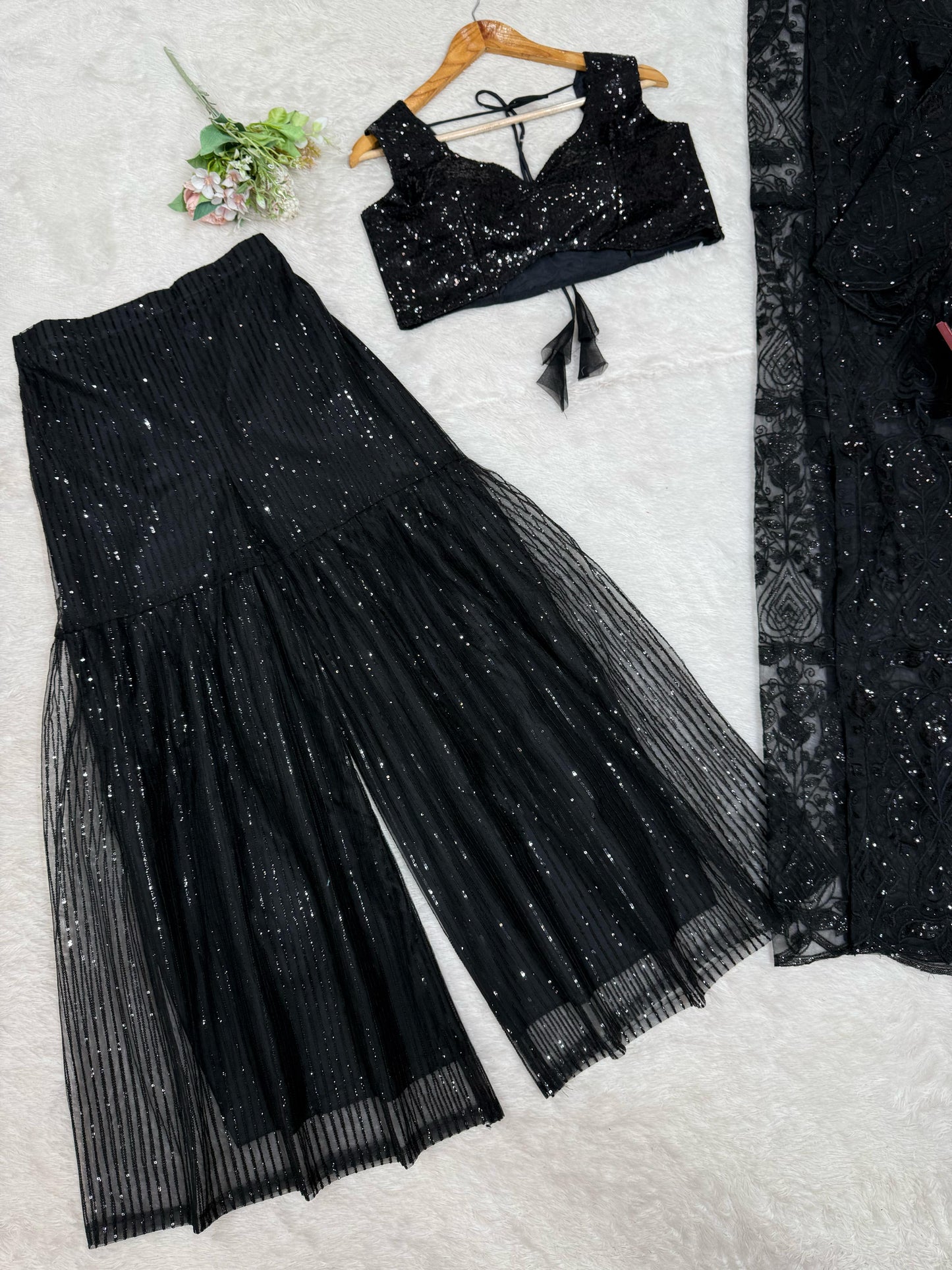 Designer Butterfly Net Black Color Palazzo Choli With Shrug