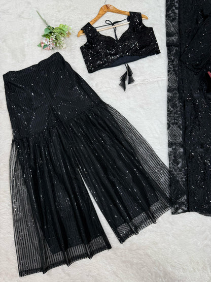 Designer Butterfly Net Black Color Palazzo Choli With Shrug