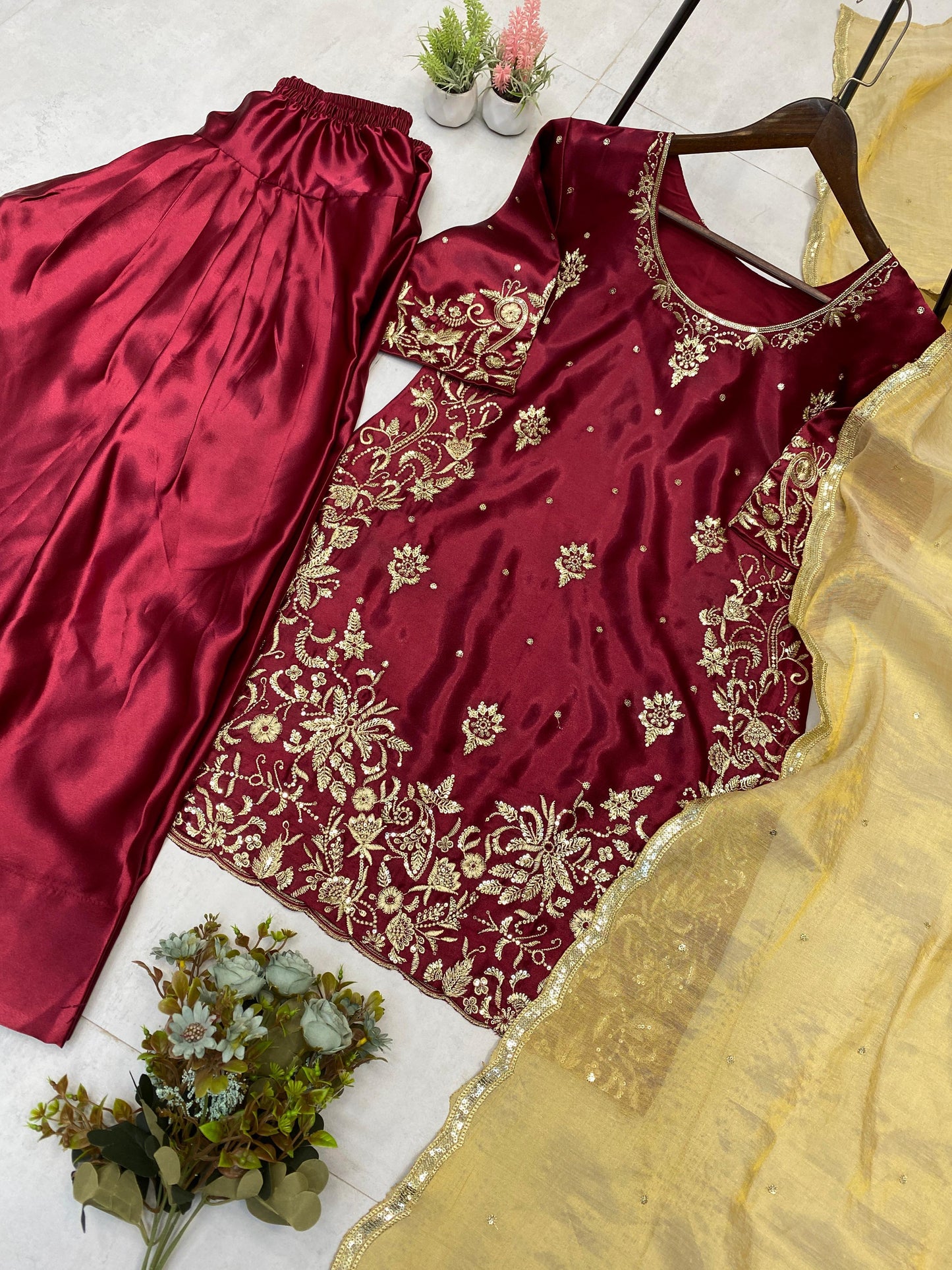 Glorious Maroon Satin Sequence Work Sharara Suit