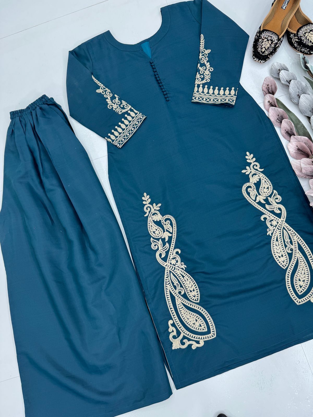 Roman Silk Blue Color Top With Palazzo