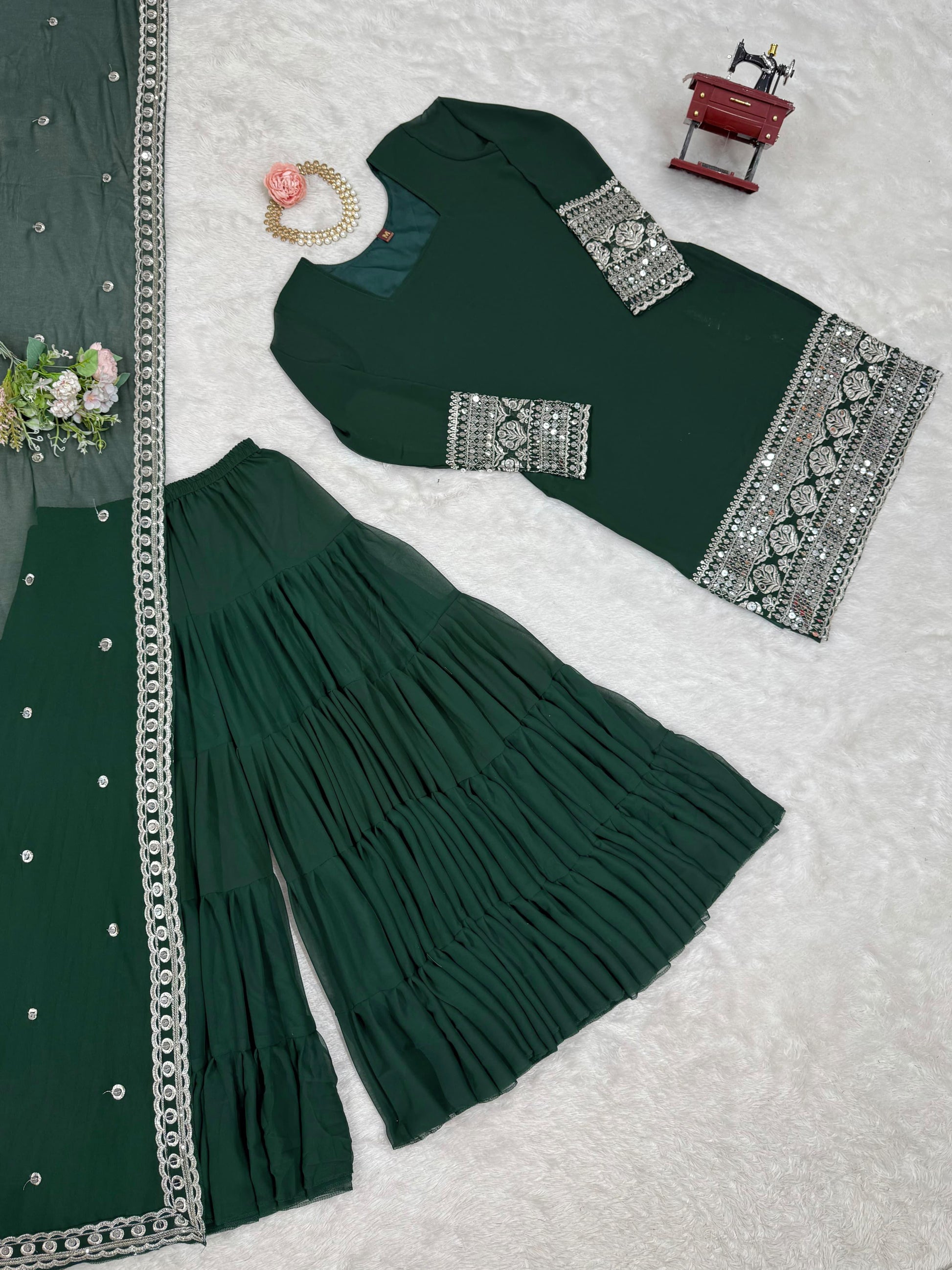 Wonderful Gorgette Sequnce Work Green Color Sharara Suit