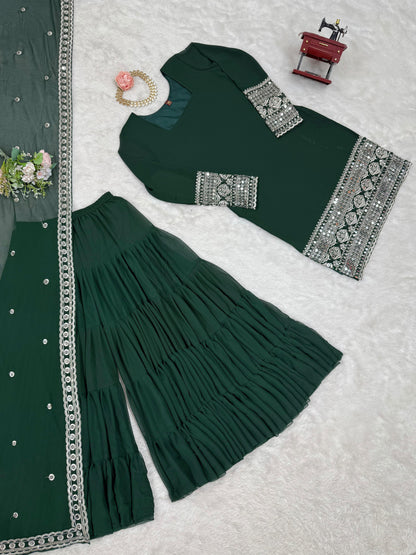 Wonderful Gorgette Sequnce Work Green Color Sharara Suit